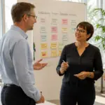 © RKW Bayern / Bild erstellt mit ChatGPT Eine kleine Gruppe entwickelt gemeinsam Ideen an einem Whiteboard.